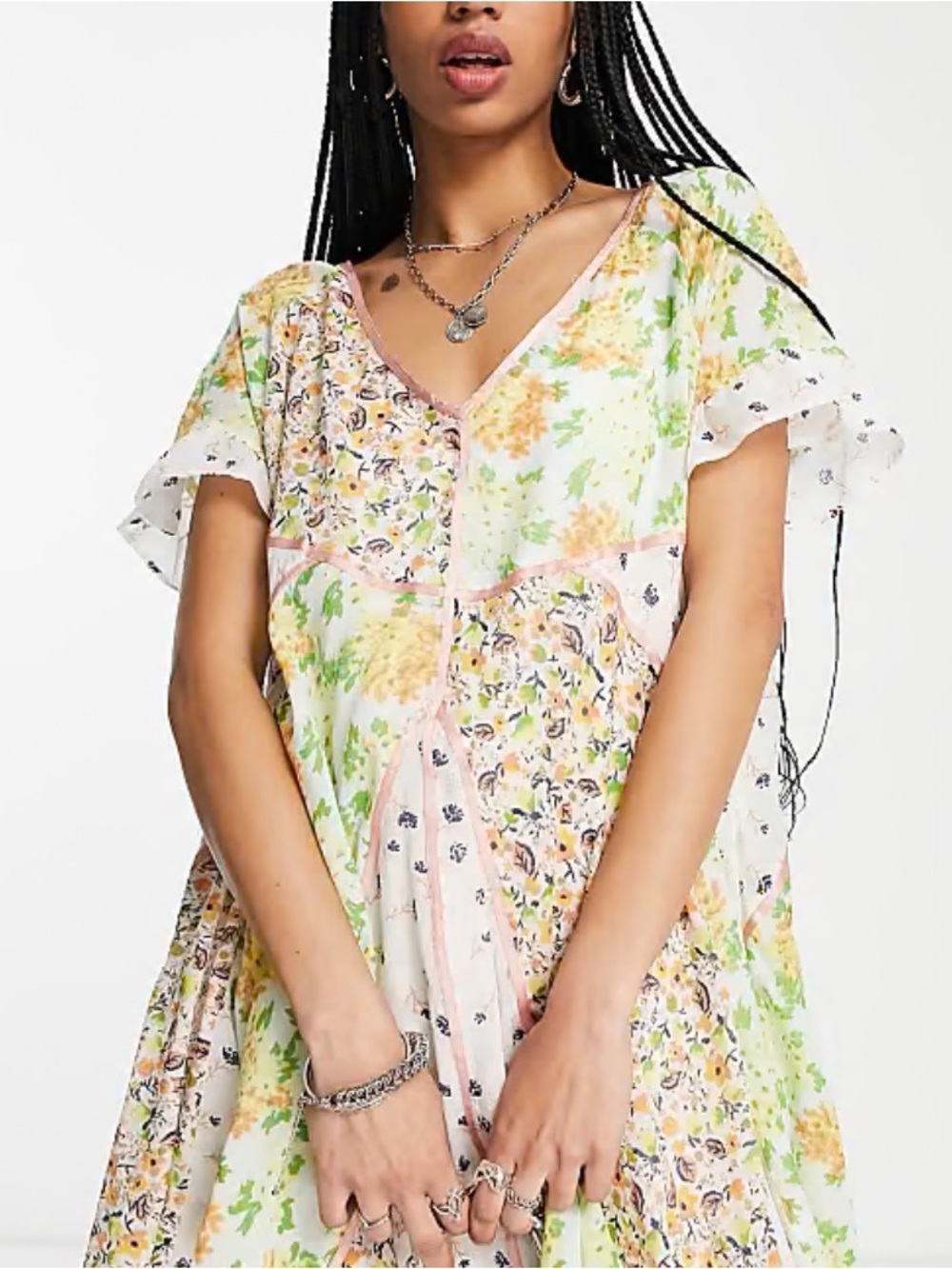Free People Wildflower Patchwork Mini Dress - Size M 100% Cotton w/ Slip